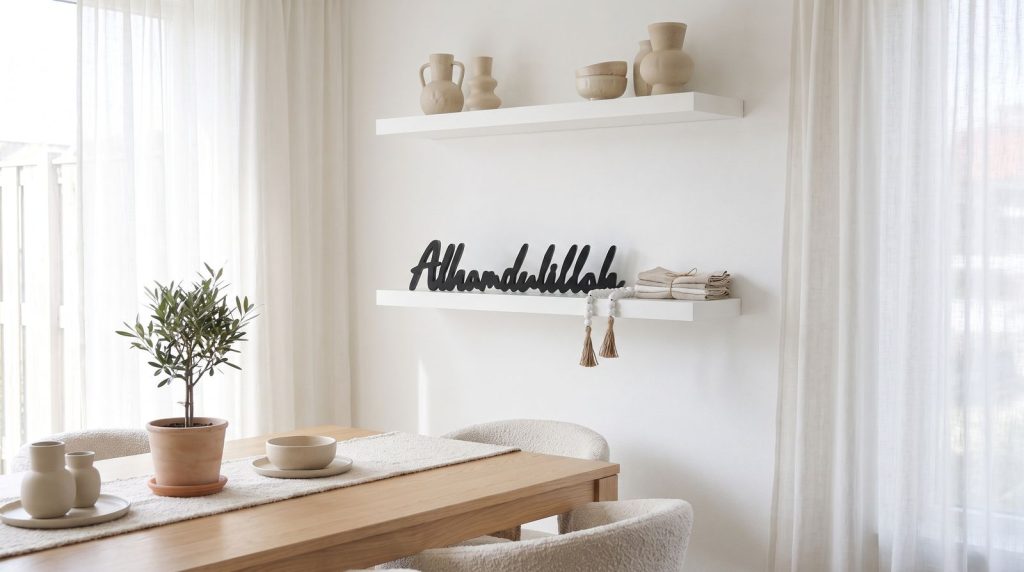 Mot Alhamdulillah aus schwarzem Holz auf einer Essensregale