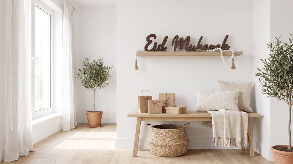 Kleine kraftige Geschenke zum Verzehren während des Ramadan auf einem Eingangsbalkon, Holzsymbol des Eid Mubarak auf der Regalwand