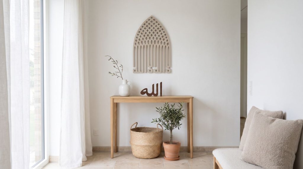 Kalligraphie auf beige Marmor im Mihrab über einer Eingangskonsole mit dem Wort „Allah“ in Holz