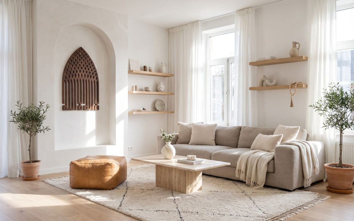 Moderne Salon mit orientalischer Inspiration und mihrab aus Nussbaum in einer Nische mit Arche