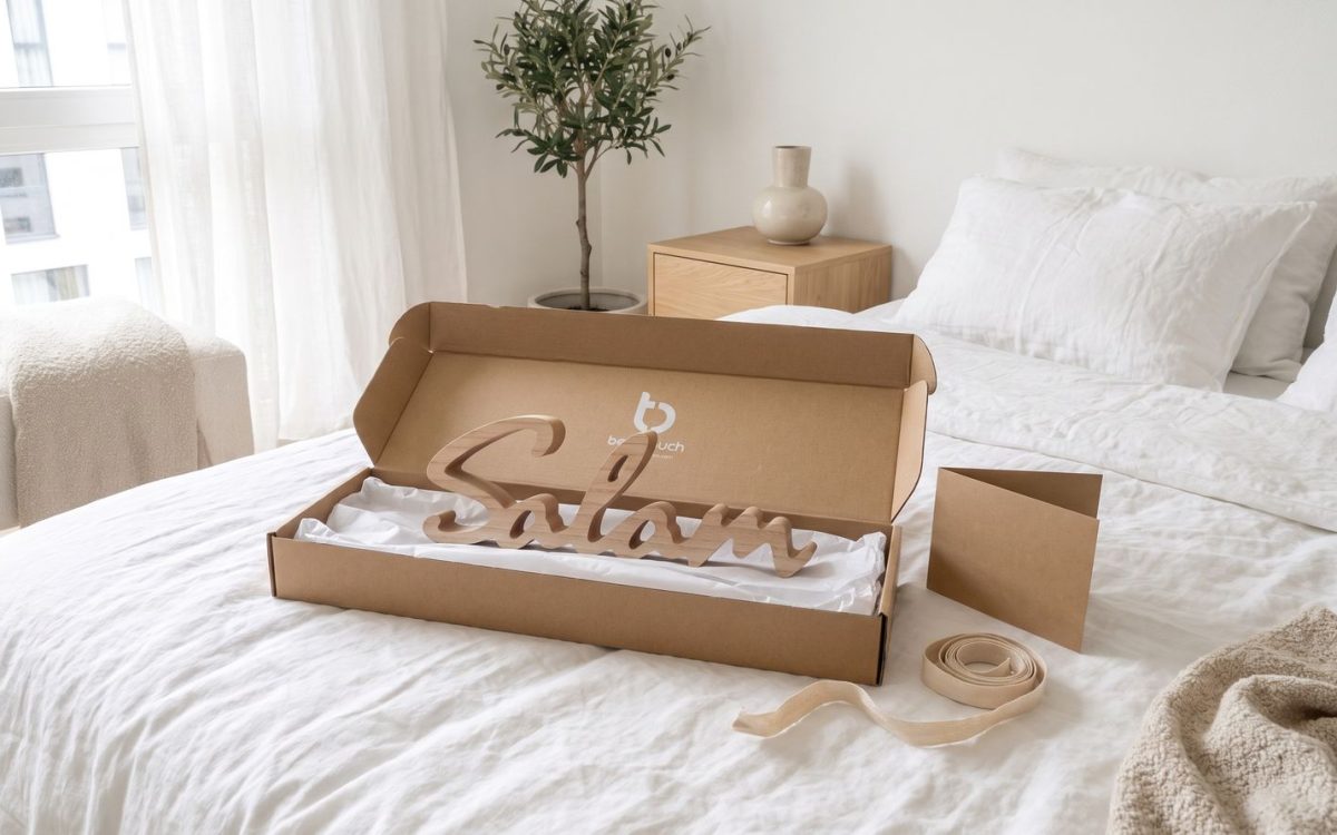 Muslimischer Geschenkidee: Das Wort Salam aus Holz in seiner Beldi Touch-Box