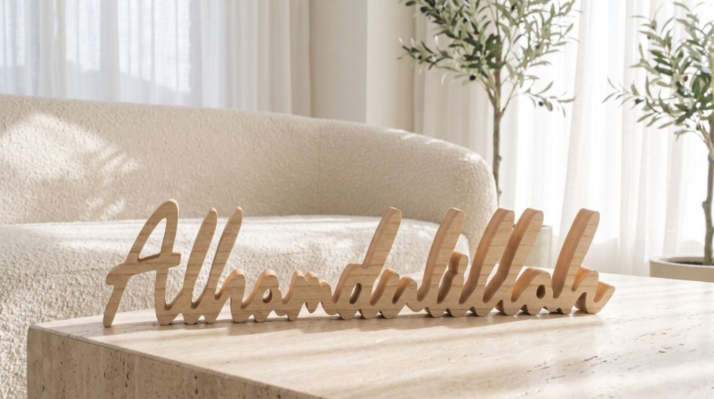 Großes Detailbild des Wortes Alhamdulillah in natürlichem Holz, sichtbarer Holzmaserung