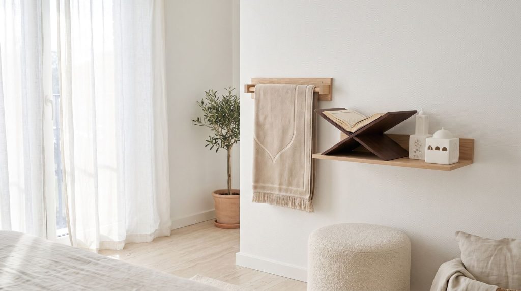 Bettwäsche aus Holz mit dem Koranhalter und dem Moschee-Fotolampe Beldi Touch