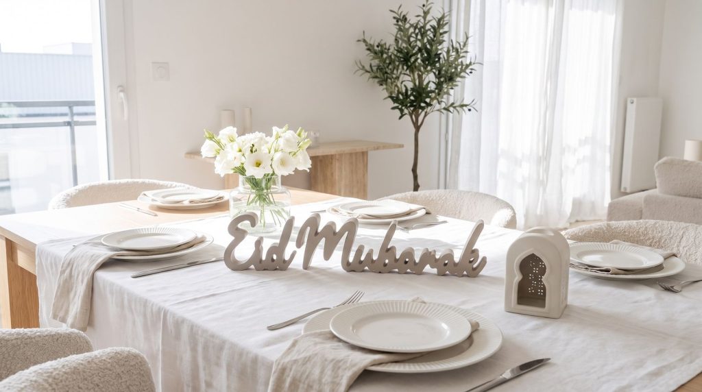 Die Eid-Tafel ist mit den Worten Eid und Mubarak in Graustufen gestaltet und mit Bakhoor versetzt.