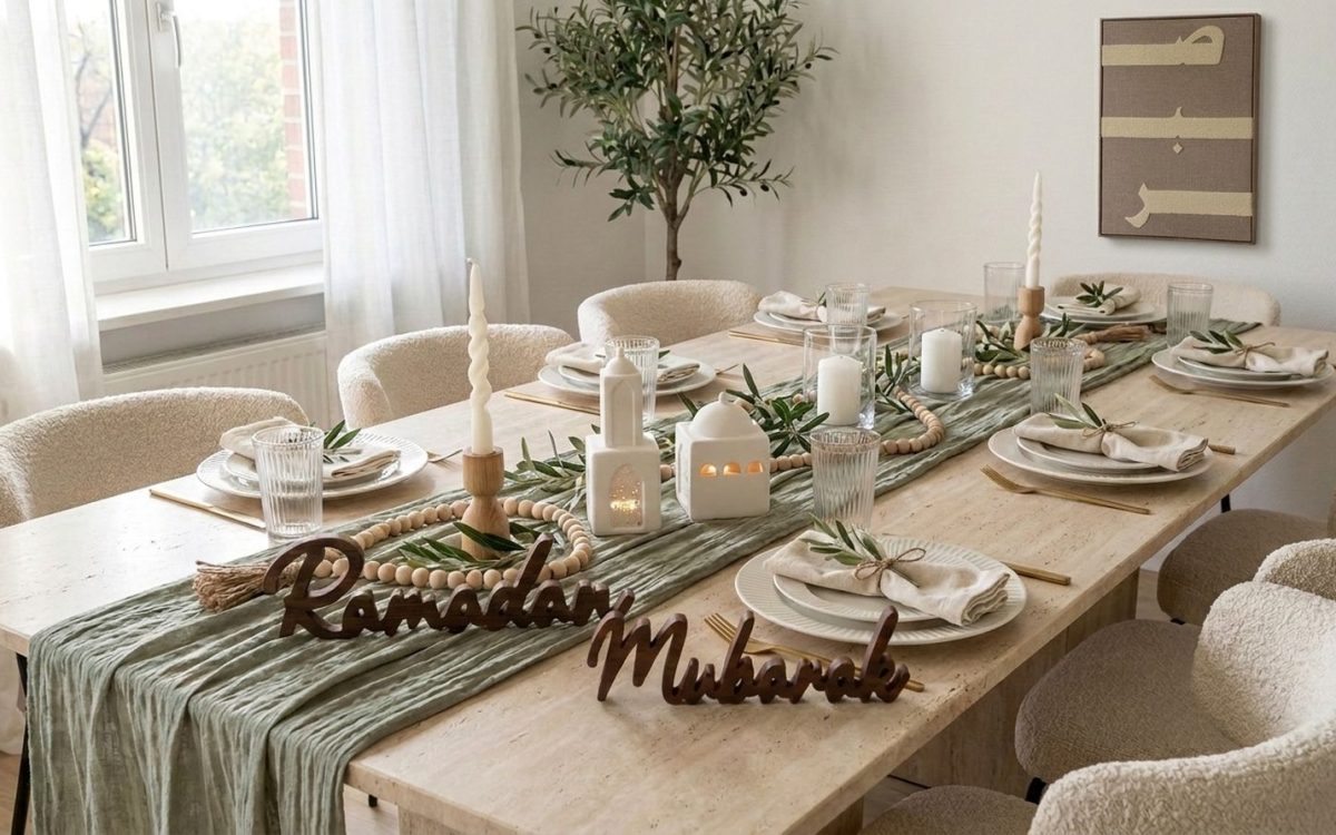 Ramadan-Tisch für eine große Familie mit den Worten Ramadan und Mubarak in Holz, Laternen und Tafel Sabr
