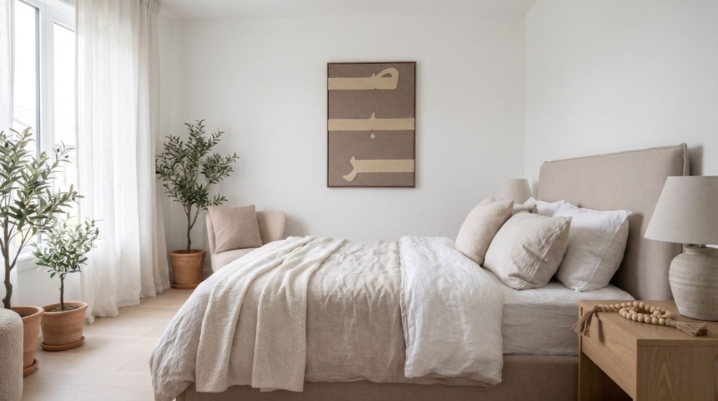Das Tapisserie Sabr taupe hängt über einem Bett aus Leinen in einem hellen Zimmer.