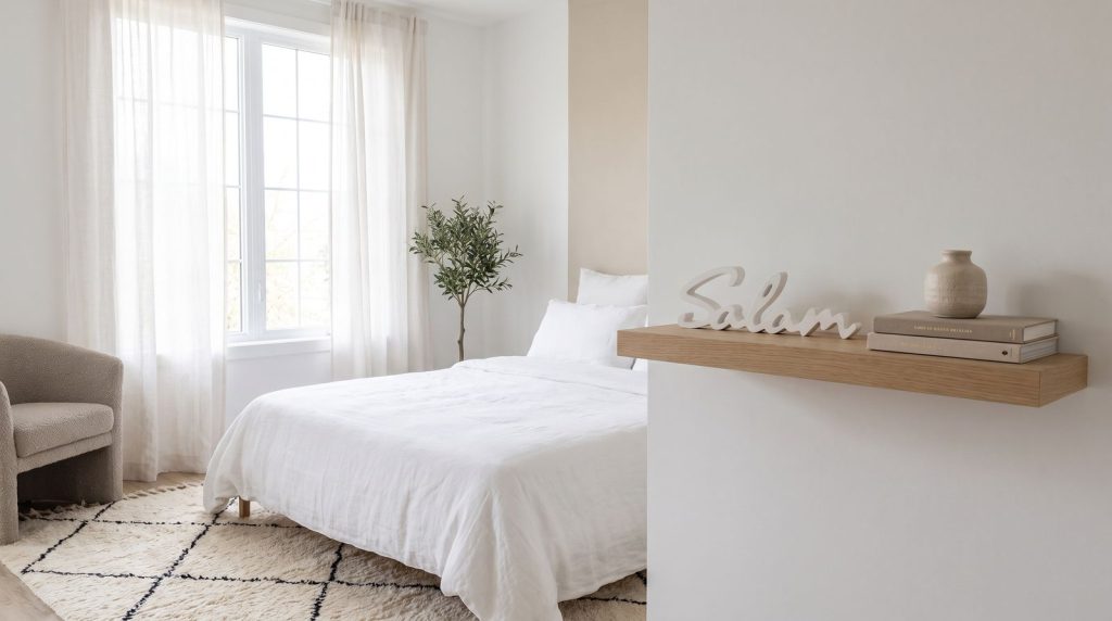 Klare Zimmer mit Berberteppich und dem Text „Salam“ in weißem Holz auf einer Regalablage
