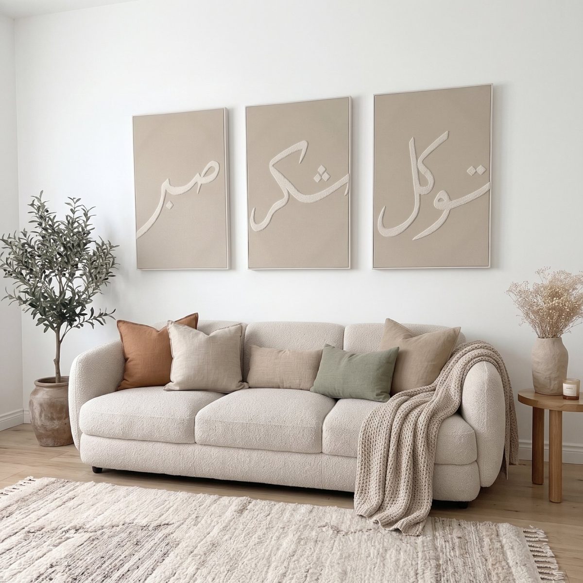 Triptyque tufté beige Sabr, Shukr et Tawakkul au-dessus d’un canapé dans un salon clair